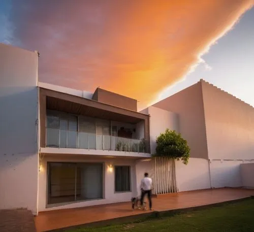 In the heart of an urban jungle, a towering house made of white and pink facades catches the eye, reminiscent of the natural beauty of the Mexican architecture. The house's exterior is a mix of warm y