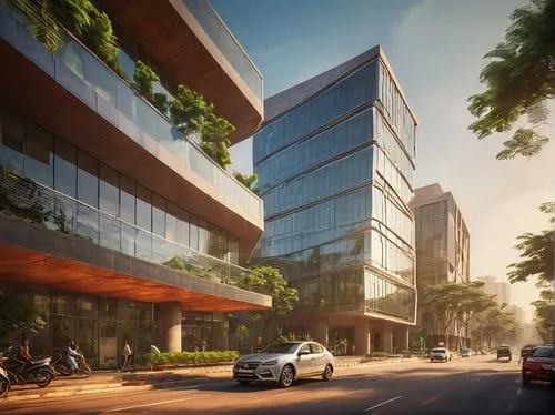 Modern architecture, saga building, Bangalore cityscape, commercial complex, glass facade, steel structure, sleek lines, angular shapes, urban landscape, busy street, cars moving, trees alongside, aft