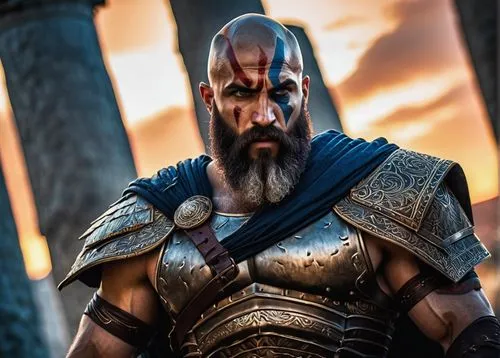 Kratos, Spartan warrior, muscular male, worn, weathered skin, intense facial expression, short white hair, blue eyes, iconic red tattoos on face, scars, rugged beard, ornate bronze armor set, leather 