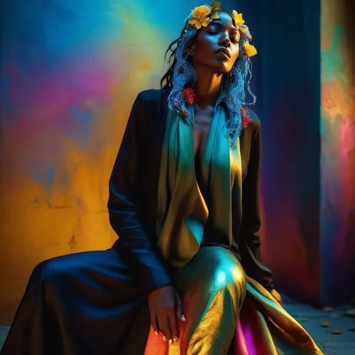 Elegant Fantasy of Shiva,a woman sitting with a dress on top of her and holding a purse,goldfrapp,neon body painting,light painting,light paint,lightpainting,madonna,Photography,Artistic Photography,A