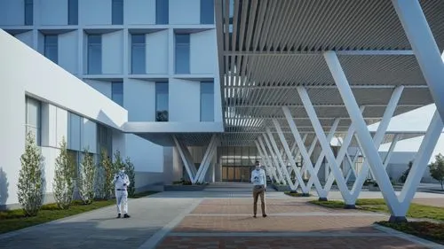 a modern hospital exterior, arch viz, people walking, cars barking, white walls, ,some white people are standing in the walkway,skolkovo,school design,biotechnology research institute,modern building,