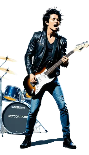 Rock band, four members, energetic performance, stage lights, smoke effect, male lead singer, messy black hair, leather jacket, ripped jeans, microphone, powerful pose, guitarist, bassist, drummer, dr