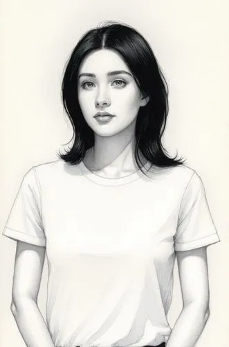 黑色头发，白色衬衫，黑白,a black and white po of a girl,kuchel,girl in t-shirt,girl drawing,girl on a white background,brahmani,malalai,Illustration,Black and White,Black and White 13