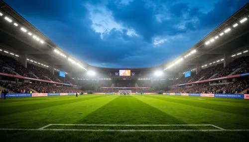 Floodlit soccer stadium, vibrant green grass, evening atmosphere, dramatic shadows, high-intensity LED lights, uniform illumination, 3000K warm white tone, glare-free lighting, spectator seating areas