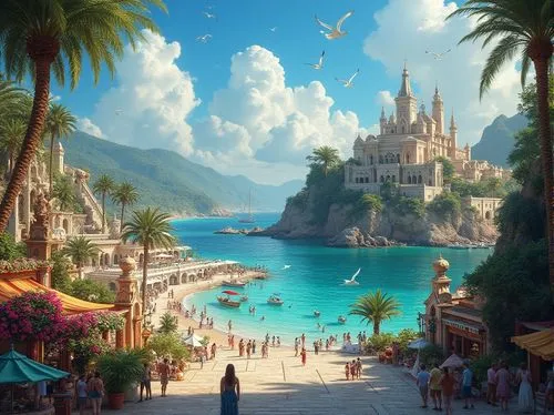 seaside resort,fantasy landscape,beach landscape,fantasy picture,fantasy city,beach scenery,seafront,seaside,seaside view,paradise beach,bahamonde,dream beach,portofino,mountain beach,fantasy world,world digital painting,ocean paradise,mediterranean,3d fantasy,beautiful beach,Photography,General,Realistic