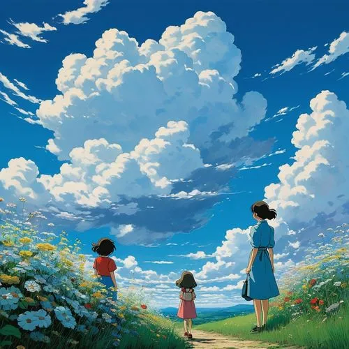 studio ghibli,blue sky clouds,ghibli,hosoda,blue sky and clouds,cloudstreet,Illustration,Japanese style,Japanese Style 14