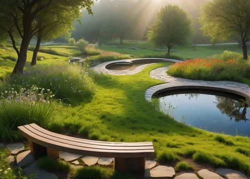 Rural landscape, rolling hills, gentle slopes, curved paths, natural stone paving, vibrant green grass, blooming wildflowers, tall trees, wooden benches, modern sculpture, abstract art piece, water fe