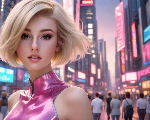 A real-life futuristic peroxide blonde with a bob hairstyle and pink ombre at the tips, plenty of bold colourful makeup like a Revlon advert of the distant future, hair blowing in the breeze, standing