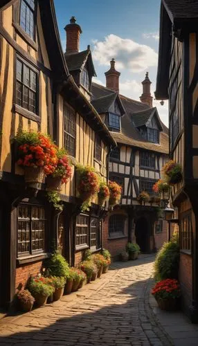 Shrewsbury, medieval town, historic architecture, half-timbered buildings, Tudor style, steeply pitched roofs, multi-paned windows, ornate wooden doorways, cobblestone streets, charming alleyways, vib