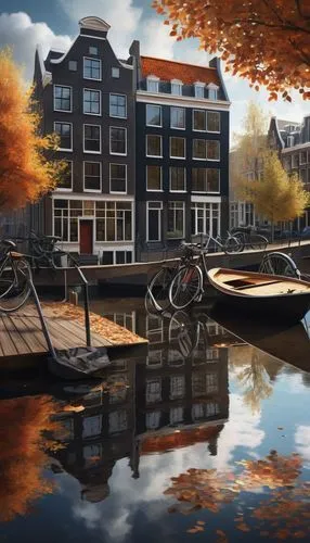 Amsterdam, modern architecture, contemporary design, canal house, bridge, water reflection, wooden dock, sailboat, bicycle, autumn trees, fallen leaves, cloudy sky, warm sunlight, 3/4 composition, low