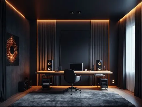 beautiful minimalist interior of a room for recording music and computer games, dark walls with backlit decor, dark painted ceiling, lots of LED lighting, large desk, window draped with thick curtains