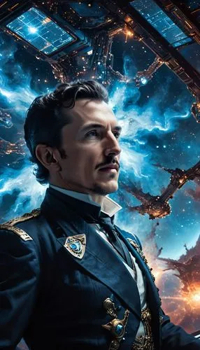 Nikola Tesla, many stars, high-tech interstellar multi-level warship, glowing blue light, super-developed by powerful unknown race, Eagle Nebula, Nikola Tesla, in the ship's control room,an animated p