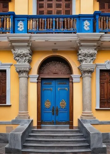 Ecuadorian architecture, Quito style, colorful ornate facade, intricate stone carvings, grand entrance, wooden doors, balconies with forged iron railings, red-tiled roofs, vibrant blue and yellow wall