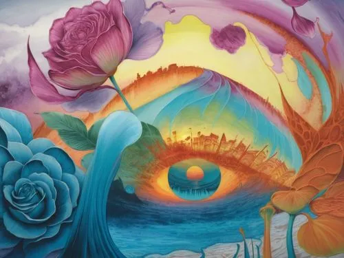 an art painting of two flowers in front of an eye,cosmic eye,psychedelia,ladyland,psychedelically,lysergic,psychedelic,Illustration,Realistic Fantasy,Realistic Fantasy 25