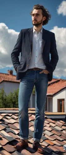 Mature man, 30 years old, architect, standing, hands in pocket, blazer, white shirt, dark jeans, leather shoes, examining, roof shingles, villa, residential area, sunny afternoon, bright blue sky, flu