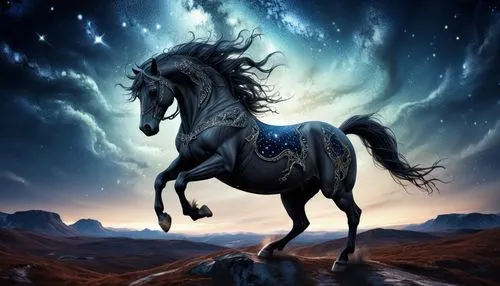 black horse,darkhorse,nighthorse,constellation unicorn,sleipnir,skyhorse,equus,cheval,pegasys,arabian horse,horseman,equine,bucephalus,fantasy picture,unicorn background,constellation centaur,pegaso,frison,pegasi,fantasy art,Conceptual Art,Fantasy,Fantasy 01