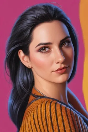 the image shows a woman with black hair, in an orange shirt,jadzia,kalinda,molko,gal,organa,andreasberg,Illustration,American Style,American Style 13