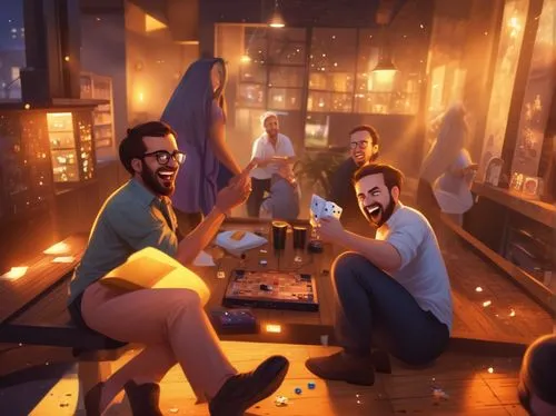 fellow office colleagues after getting tired of playing board games, spend the evening with jokes and laughter with other people in the background.,drinking party,game art,a party,barbershop,men sitti