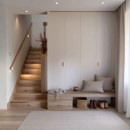 there is a closet with stairs next to the bed,hallway space,modern room,mudroom,modern minimalist lounge,wooden stairs,walk-in closet,Photography,General,Realistic