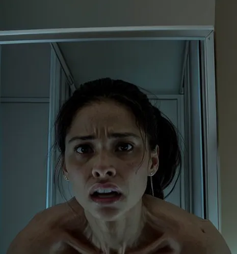 She is being stared at by mutant aliens.

She is at a science lab.,scared woman,the girl in the bathtub,head woman,hands behind head,the girl's face,cyborg,cgi,scary woman,the mirror,valerian,district