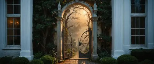 a beautiful garden with a large iron gate at dusk,garden door,the threshold of the house,creepy doorway,doorway,art nouveau frame,front door