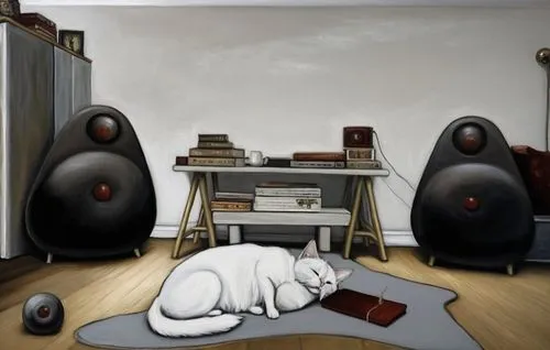 the painting is of a cat laying on a carpet in front of speakers,audiophile,audiophiles,listening to music,stereophile,playing room,vinyl player,Illustration,Abstract Fantasy,Abstract Fantasy 14