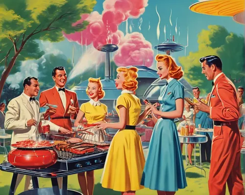 Paint a picture of a sizzling barbecue party in a backyard.,barbeque,barbecue,barbeque grill,summer bbq,bbq,atomic age,barbecue grill,barbecue area,drive in restaurant,outdoor grill,outdoor cooking,so