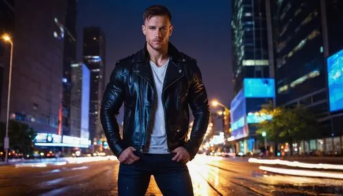 Muscular man, Daniel Markiewicz, solo, (30yo), strong jawline, short brown hair, bright blue eyes, casual smile, athletic build, black leather jacket, white tank top, dark blue ripped jeans, black boo