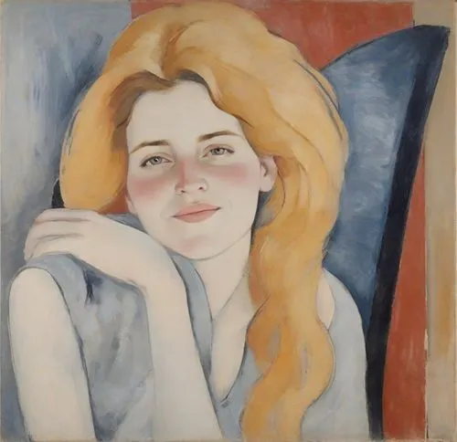 Expressionism, Fauvism, Modernism ,  Painting style <class> Amedeo Modigliani , half-figure of a beautiful woman with long blond hair, elegant relaxed resting pose, light grey eyes, very feminine, sof