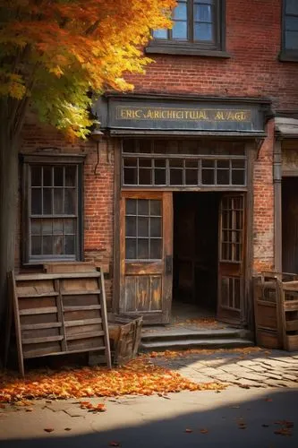 Eric's Architectural Salvage, old antique shop, rustic wooden sign, worn brick walls, large wooden crates, vintage doors, distressed metal gates, dim warm lighting, afternoon sunbeams, nostalgic atmos