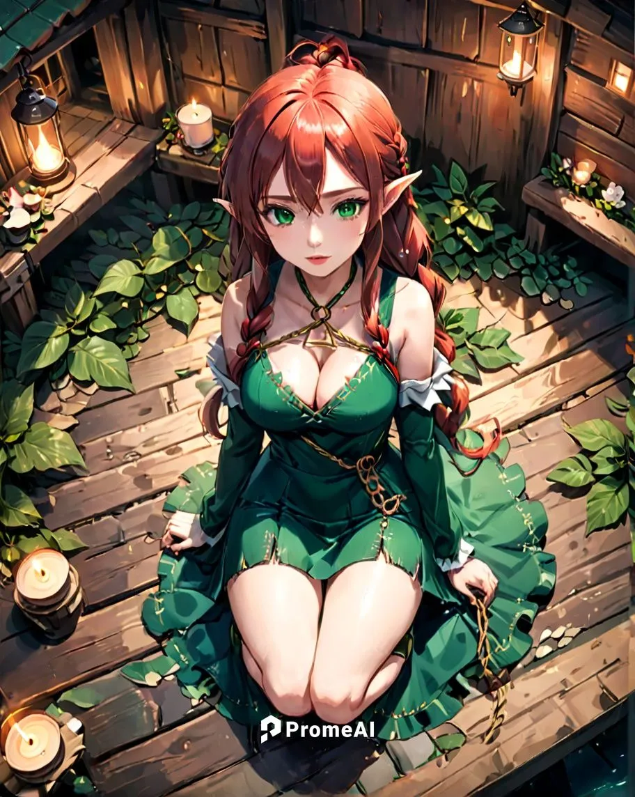 adult female elf kneeling on the floor of a wooden hut at night. hands tied with rope
pointy ears
viewed from above.

tall, long legs.  perfect face, very large breasts wide hips, small waist
very lon