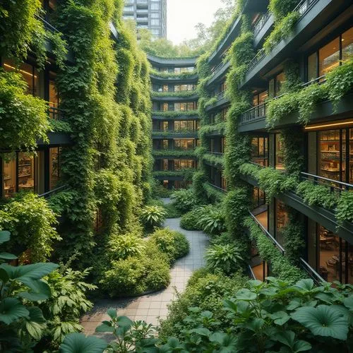 Lush green walls, vibrant flowers, leafy foliage, trellis systems, hydroponic plants, modern urban architecture, sleek metal frames, glass balconies, natural stone facades, thriving ecosystems, urban 