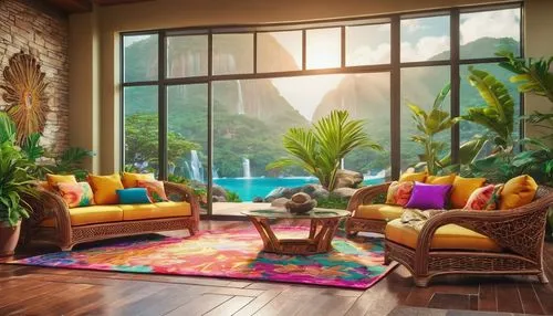 tropical house,sunroom,living room,cabana,tropical jungle,sitting room,tropical island,tropicalia,apartment lounge,home interior,beautiful home,livingroom,tropics,paradisus,family room,tropicale,napali,yelapa,tropica,contemporary decor,Illustration,Vector,Vector 19