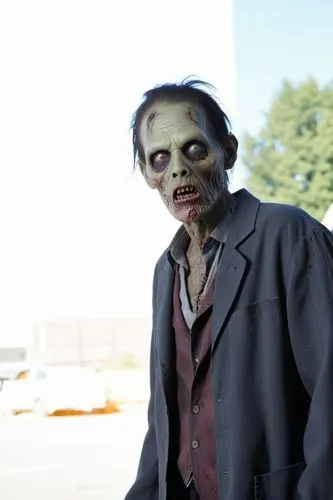 zombie looking man in a black suit and red shirt,zombie,nicotero,zompro,a wax dummy,halloween frankenstein,zombieland