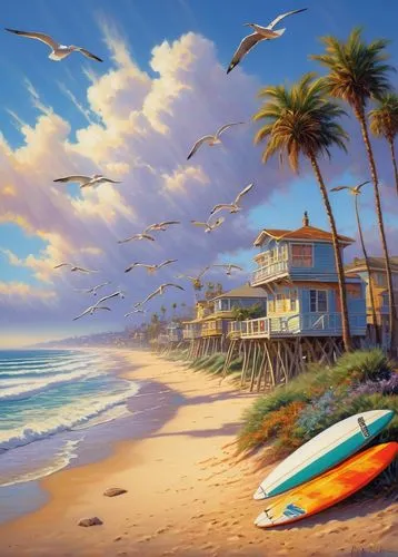 Southern California coastal landscape, palm trees swaying gently, sunny day, clear blue sky, white puffy clouds, beach houses, surfboards, lifeguard towers, sandy beach, waves crashing against the sho