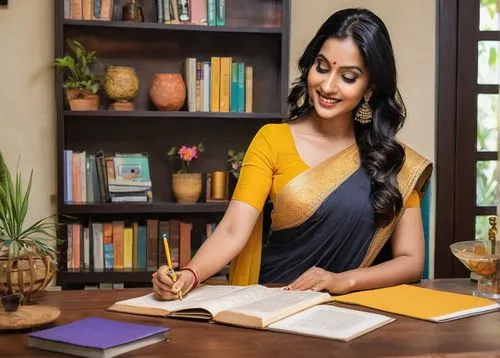 Modern Indian living room, Mumbai style interior design course, elegant lady, 30s, fair skin, sleek black hair, subtle makeup, wearing a yellow saree, holding a pencil, standing near a desk, surrounde