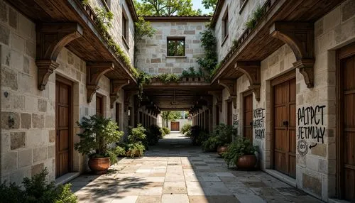 Weathered stone walls, rustic wooden planks, distressed metal sheets, rough-hewn brick facades, worn concrete floors, moss-covered roofs, ivy-clad columns, aged copper accents, patinaed bronze details