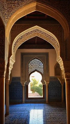 Moorish architecture, Spain, Granada, Alhambra, intricate stone carvings, ornate arches, Islamic geometric patterns, bright blue ceramic tiles, grandiose halls, high ceilings, ornate windows, Moorish 