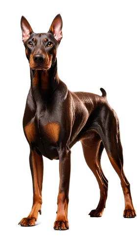 Brown Doberman Pinscher, adult dog, muscular body, erect ears, black nose, brown eyes, short smooth coat, athletic build, standing, front legs apart, serious expression, realistic fur texture, soft na