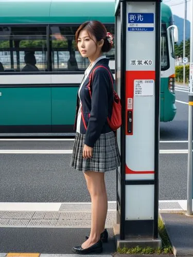 Japanese lady waiting for the bus at bus stop,young japanese woman standing next to a payphone on the sidewalk,bus stop,busstop,tokyoites,pay phone,bus shelters,the girl at the station,Photography,Gen