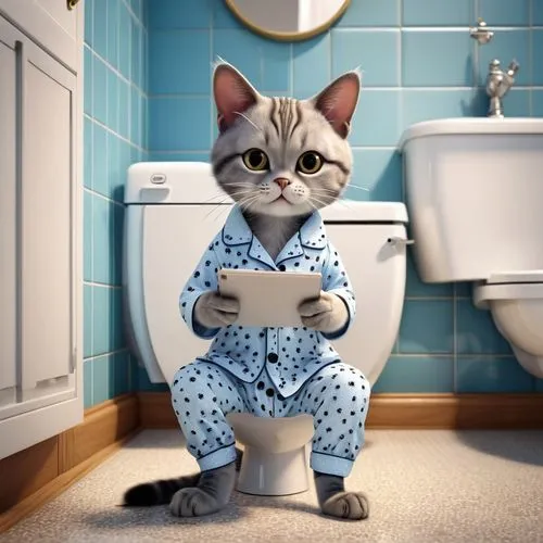 anthropomorphic 3d cat sitting on a water closet, wearing pyjamas with paw prints, going for a poop, and reading and iphone, background bathroom,cute cartoon character,toilette,cartoon cat,cute cat,ca