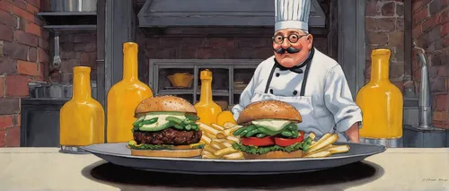 hamburger set,david bates,hamburger plate,chef,burgers,culinary art,hamburger,appetite,hamburgers,still life with onions,groucho marx,bistro,new york restaurant,gastronomy,oil on canvas,advertising figure,classic burger,food icons,hollandaise sauce,chef's uniform,Illustration,Black and White,Black and White 22