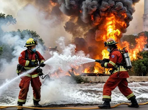 “Create a dramatic and heroic scene featuring Asian female firefighters in full gear, bravely extinguishing a large fire. Firefighters, wearing protective suits, helmets with face shields, and carryin