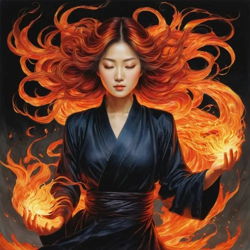 flame spirit,burning hair,fiery,fire angel,fire siren,fire artist,flame of fire,melisandre,dancing flames,lina,fire background,fire dance,pyromaniac,firebrand,fireheart,fujiko,fire dancer,fire devil,pillar of fire,kimchee,Illustration,Japanese style,Japanese Style 18