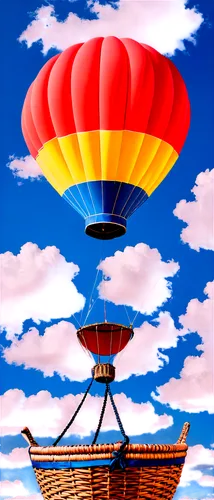 Hot air balloon, vibrant colors, striped pattern, wicker basket, burners, rope details, sunny sky, fluffy white clouds, gentle breeze, morning light, soft shadows, panoramic view, high-angle shot, sha