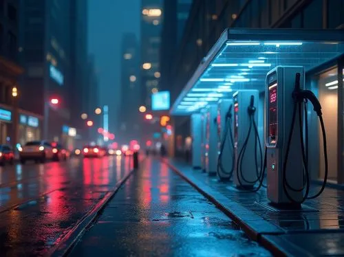 Modern urban charging station, sleek metal structure, LED lights, glass facade, minimalist design, cityscape background, busy street, skyscrapers, night scene, neon lights reflection, wet pavement, pu