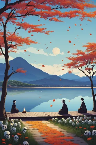 japan landscape,japanese art,takato cherry blossoms,lake tanuki,shirakami-sanchi,sakura trees,japan,landscape background,japanese sakura background,autumn landscape,cherry trees,miyajima,lakeside,hokkaido,arashiyama,sayama lake,fuji,japanese cherry trees,west lake,idyll,Illustration,Japanese style,Japanese Style 12