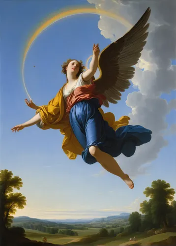 Describe a majestic flying object in a peaceful meadow.,angel moroni,baroque angel,the archangel,la nascita di venere,the angel with the cross,archangel,flying girl,montgolfiade,guardian angel,cherub,