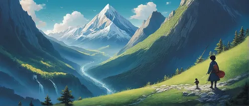 mountain scene,mountain landscape,mountains,mountainous landscape,mountain world,high mountains,mountain slope,alpine crossing,salt meadow landscape,mountain,mountainside,giant mountains,the spirit of the mountains,high alps,mountain valley,valley,mountain valleys,fantasy landscape,the landscape of the mountains,mountain range,Illustration,Abstract Fantasy,Abstract Fantasy 02