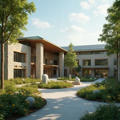 Modern university building, regionalism style, grand entrance, stone walls, large windows, wooden doors, green roof, solar panels, courtyard garden, walking paths, benches, modern sculptures, vibrant 